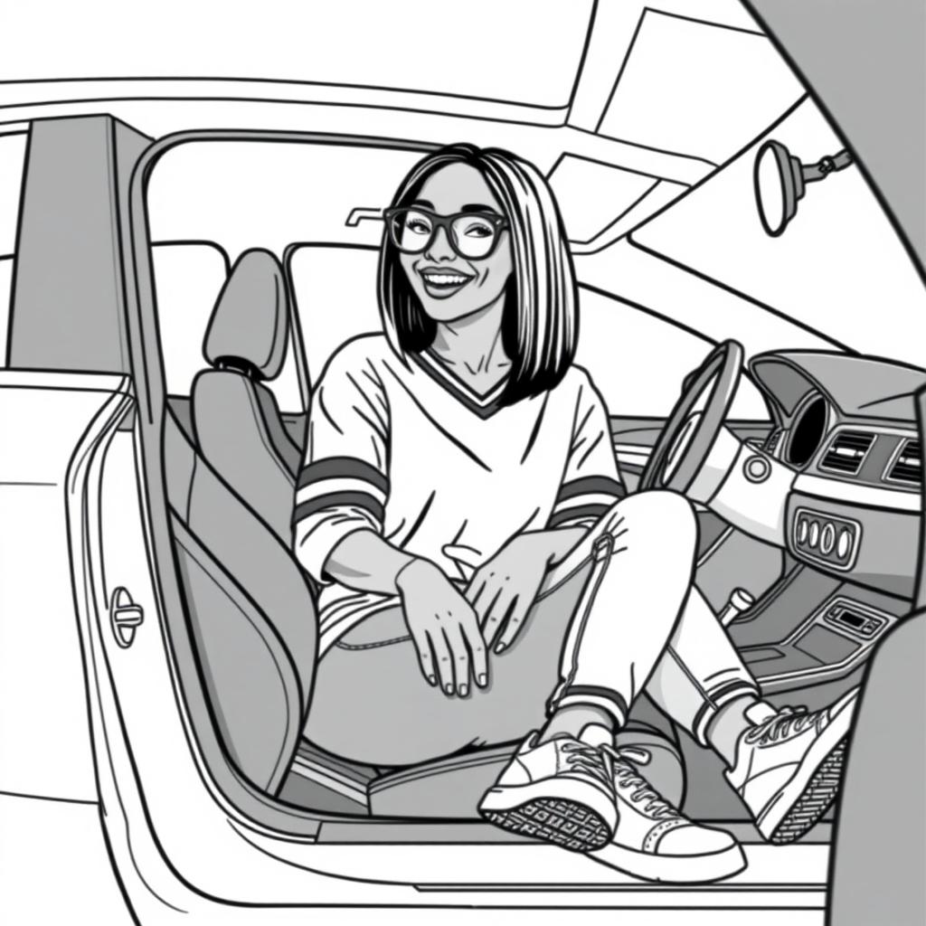 A modern black woman sitting in her elegant car, smiling radiantly with a cheerful expression