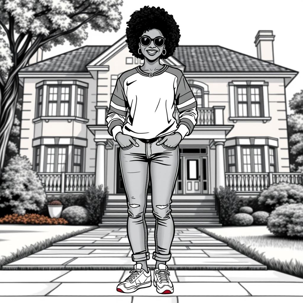 A modern black woman standing confidently in front of a large, beautiful house, smiling warmly with a joyful expression
