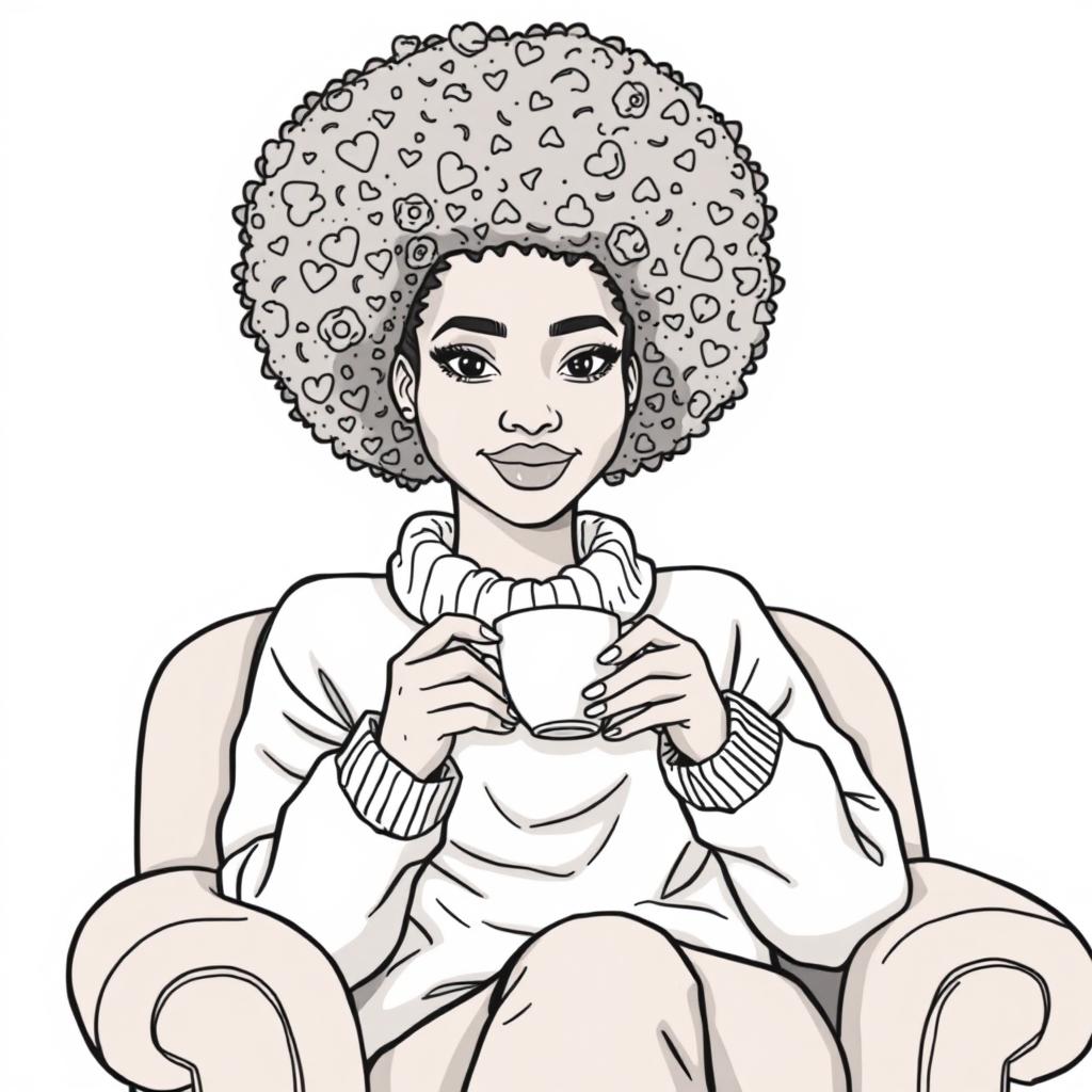 A tall woman with vanilla skin and curly afro hair, featuring a straight face and a slight smile