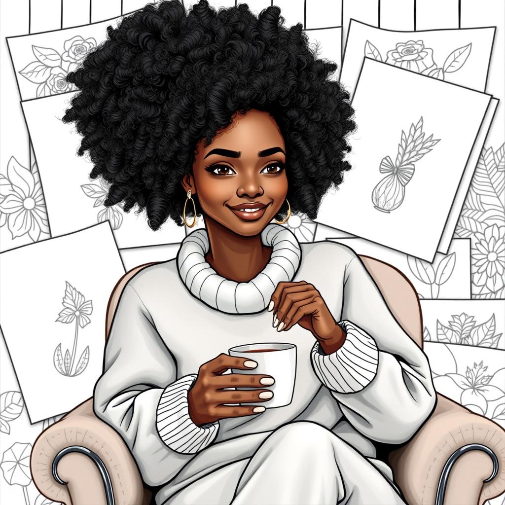 A tall woman with vanilla skin and a curly afro hairstyle, sporting a straight face and a slight smile, is sitting comfortably in a cozy chair