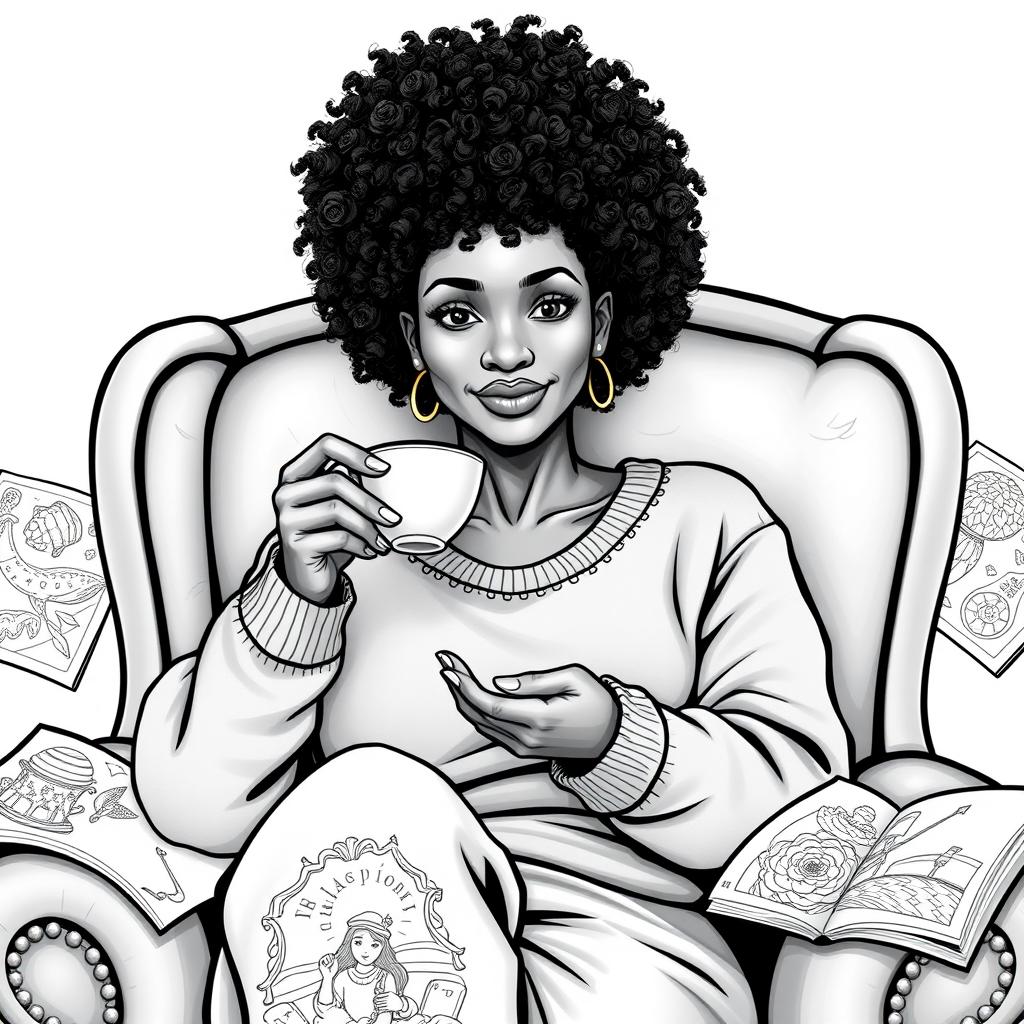 A tall woman with vanilla skin and a curly afro hairstyle, featuring a straight face and a slight smile, is seated in a chair, sipping tea