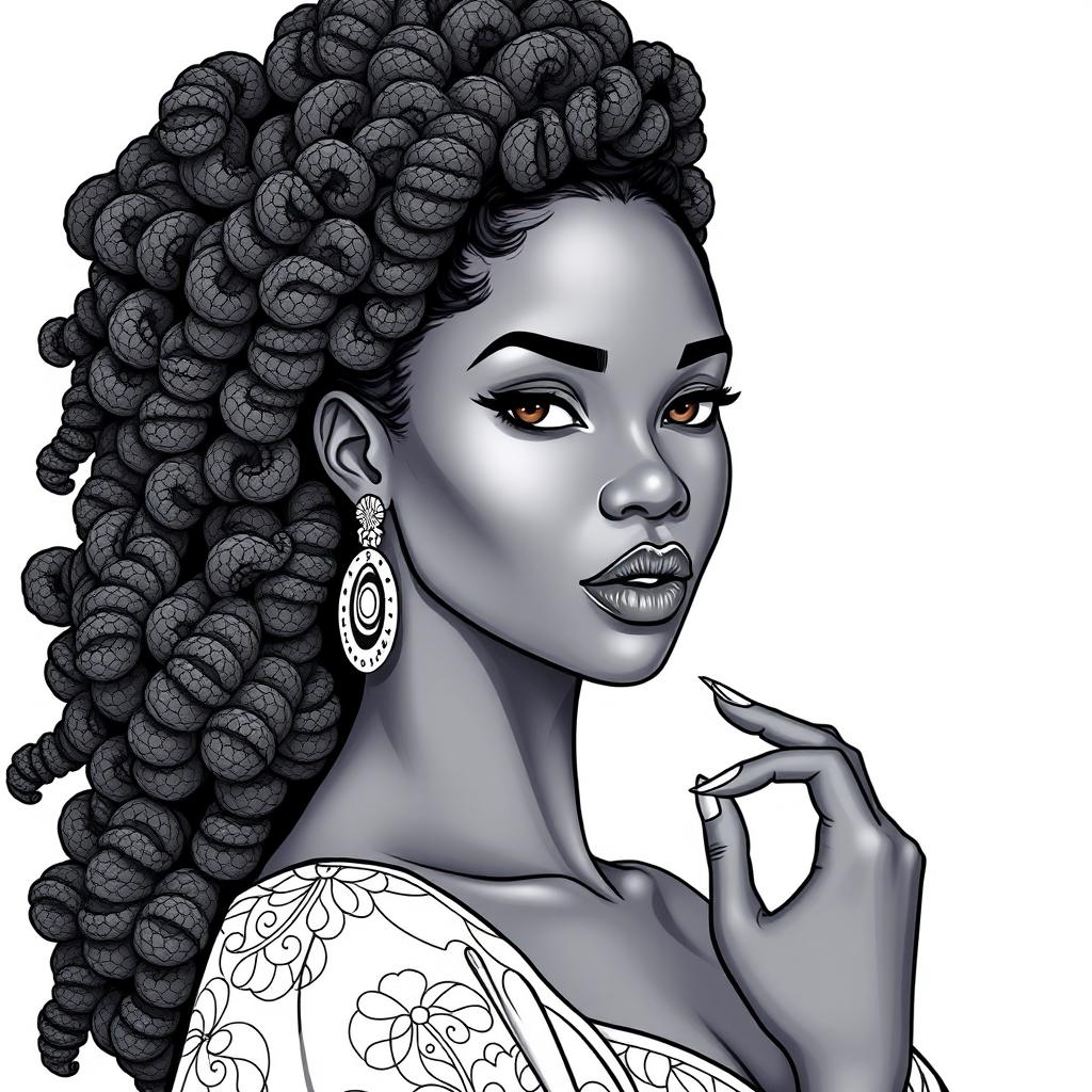 A stunningly detailed, realistic black woman, designed for a coloring book, presenting a captivating expression