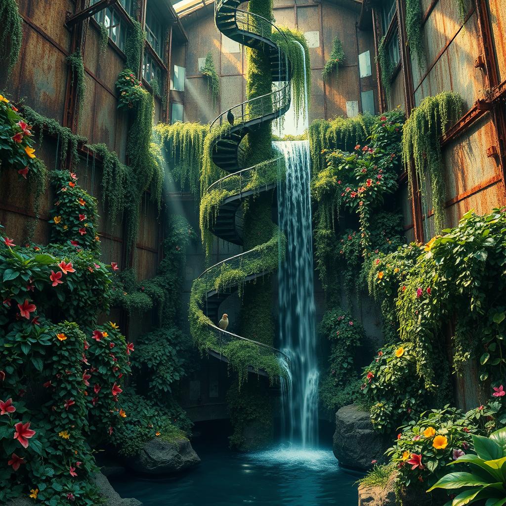 A hyper-detailed depiction of a rusted industrial silo, heavily overgrown with cascading vines and a variety of tropical plants