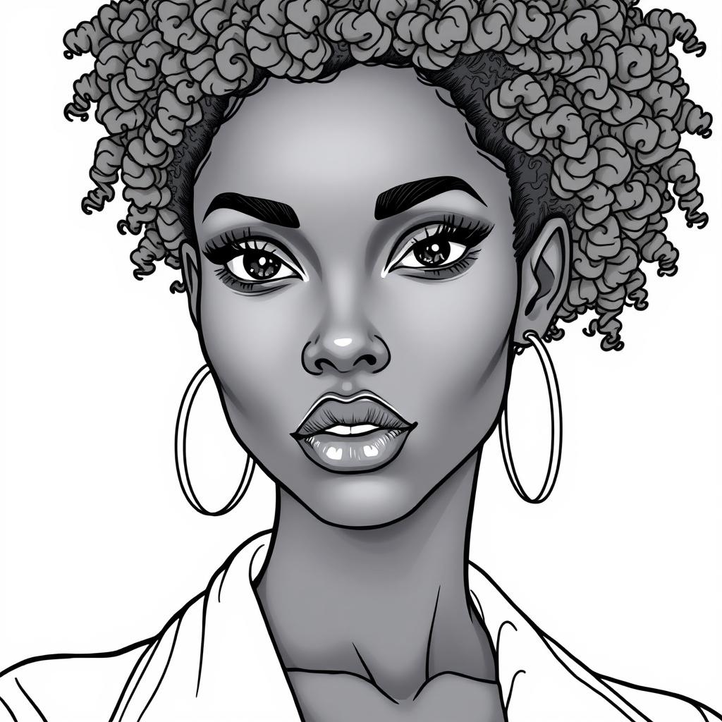 A strikingly detailed, realistic black modern woman designed for a coloring book, capturing a captivating expression