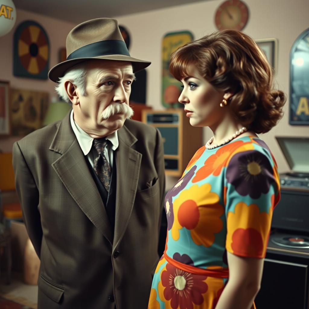 An elderly man sternly shaking his head, rejecting the advances of a woman in a lively 1960s setting
