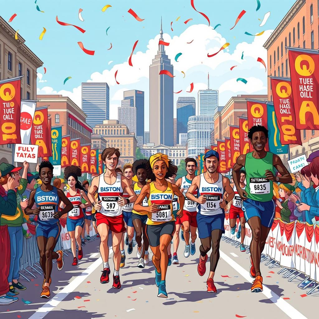 A vibrant and dynamic illustration capturing the essence of the Boston Marathon