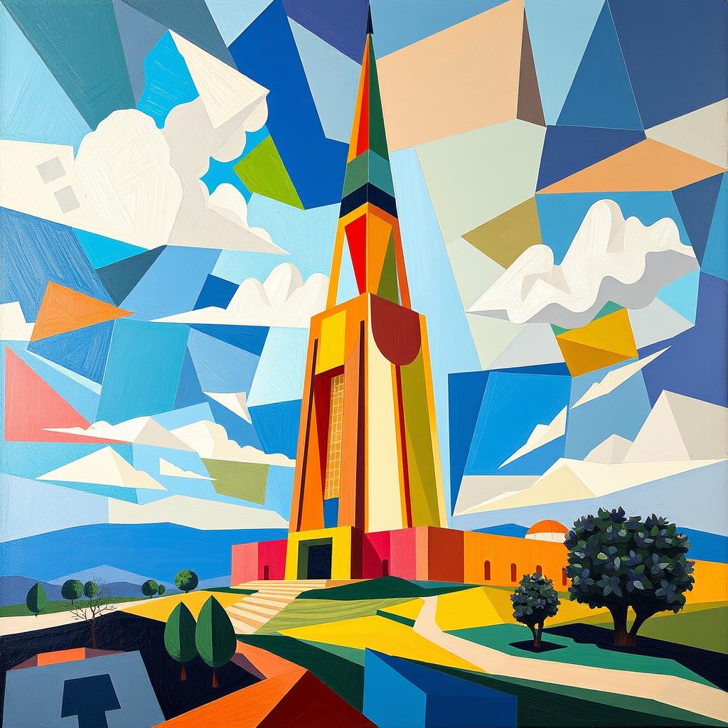 A vibrant Cubism-style painting of the Azadi Tower in Iran, featuring fragmented geometric shapes, dynamic angles, and bold colors highlighting the architectural beauty of the tower
