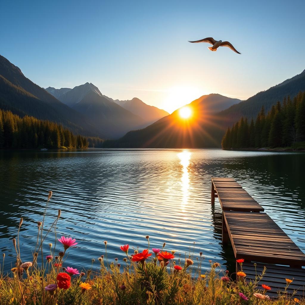 A serene landscape featuring a tranquil lake surrounded by lush green forests and majestic mountains in the background under a clear blue sky