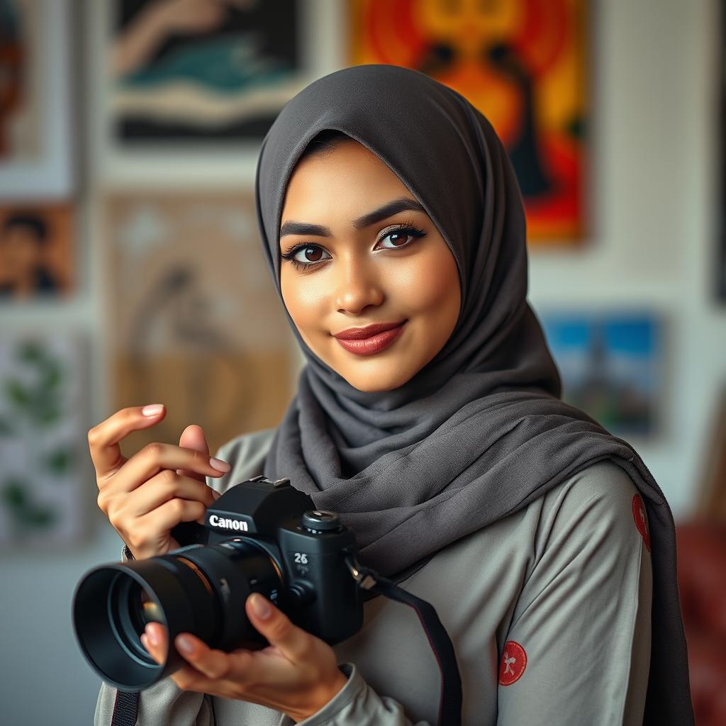 A beautiful 26-year-old woman with an elegant hijab, showcasing her passion as a photographer