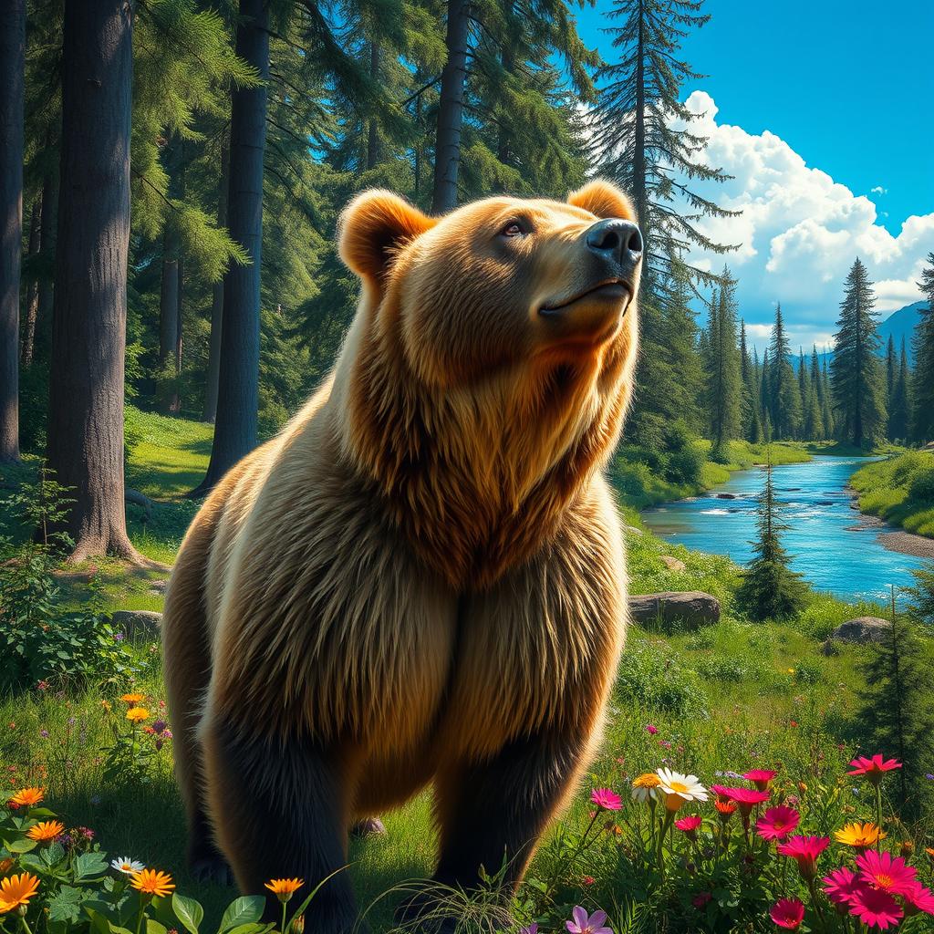 A majestic bear standing in a lush, green forest, surrounded by tall trees and colorful wildflowers