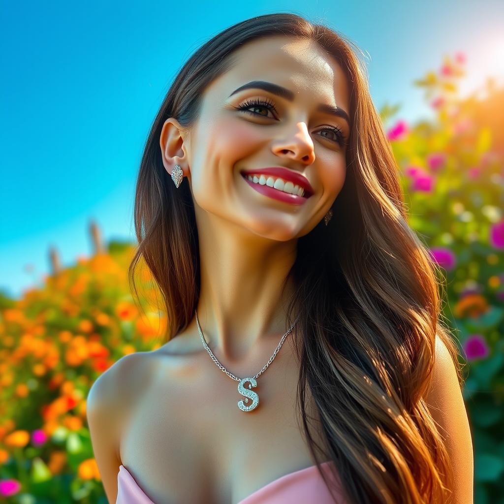 A beautiful and elegant woman wearing a stylish necklace with the letter 'S' prominently displayed