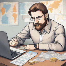 A man deeply engrossed in his thoughts about implementing Bitcoin in Argentina. He is sitting in a modern office, with maps, graphs, Argentinian currency, and Bitcoins spread across his desk.