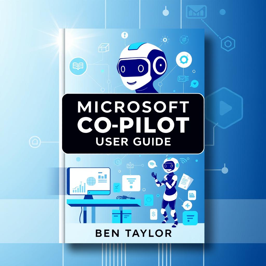 A visually appealing user guide cover for 'Microsoft Copilot User Guide' by Ben Taylor, featuring a sleek modern design that incorporates elements of artificial intelligence and productivity tools