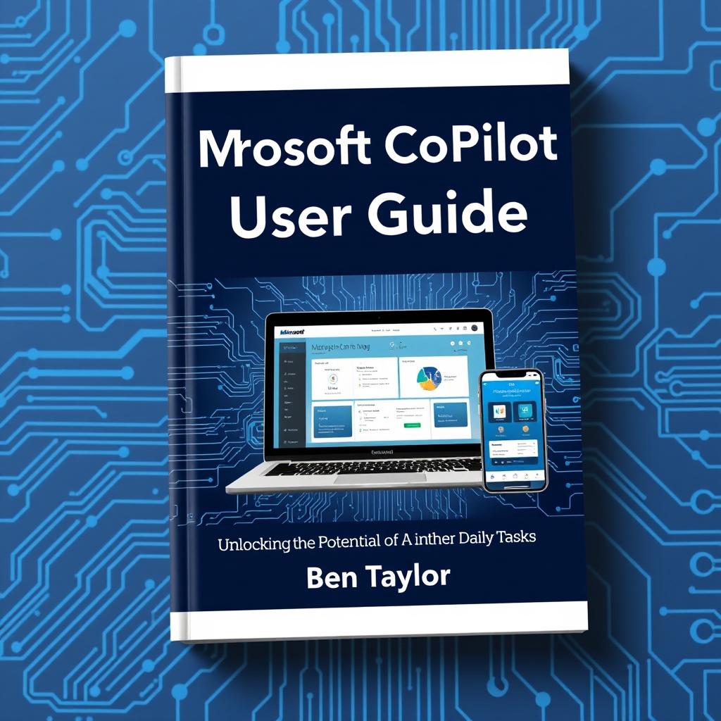 A visually appealing cover for a user guide titled 'Microsoft CoPilot User Guide by Ben Taylor' with the subtitle 'Unlocking the Potential of AI in Your Daily Tasks'