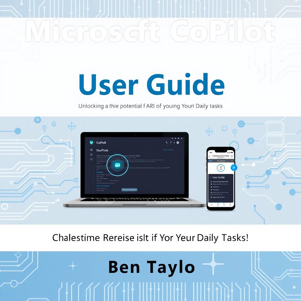 A visually appealing cover for a user guide titled 'Microsoft CoPilot User Guide by Ben Taylor' with the subtitle 'Unlocking the Potential of AI in Your Daily Tasks'