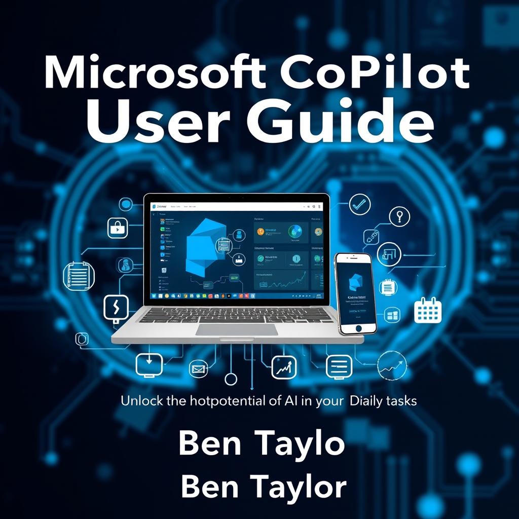 A captivating cover design for 'Microsoft CoPilot User Guide by Ben Taylor' with the subtitle 'Unlocking the Potential of AI in Your Daily Tasks'