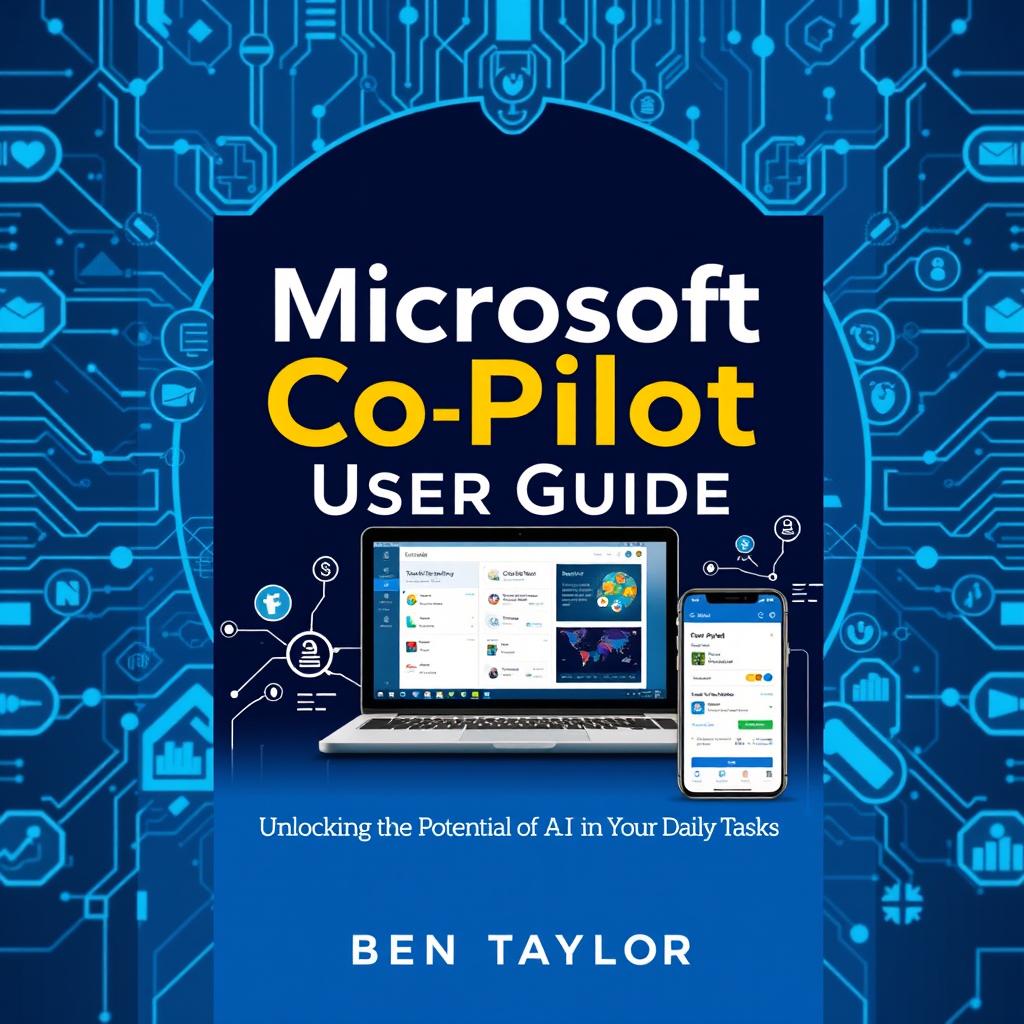 An engaging and modern cover design for 'Microsoft CoPilot User Guide by Ben Taylor' with the subtitle 'Unlocking the Potential of AI in Your Daily Tasks'