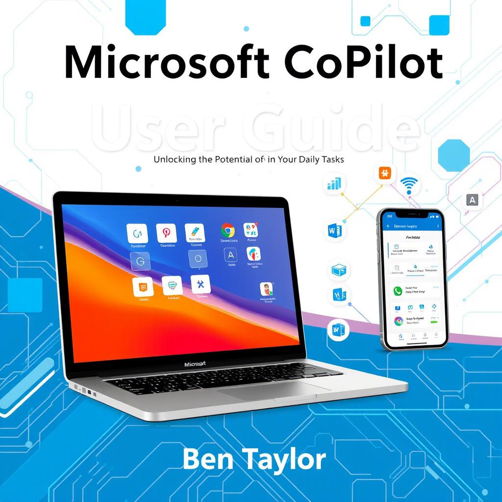A modern and visually appealing cover design for 'Microsoft CoPilot User Guide by Ben Taylor' with the subtitle 'Unlocking the Potential of AI in Your Daily Tasks'