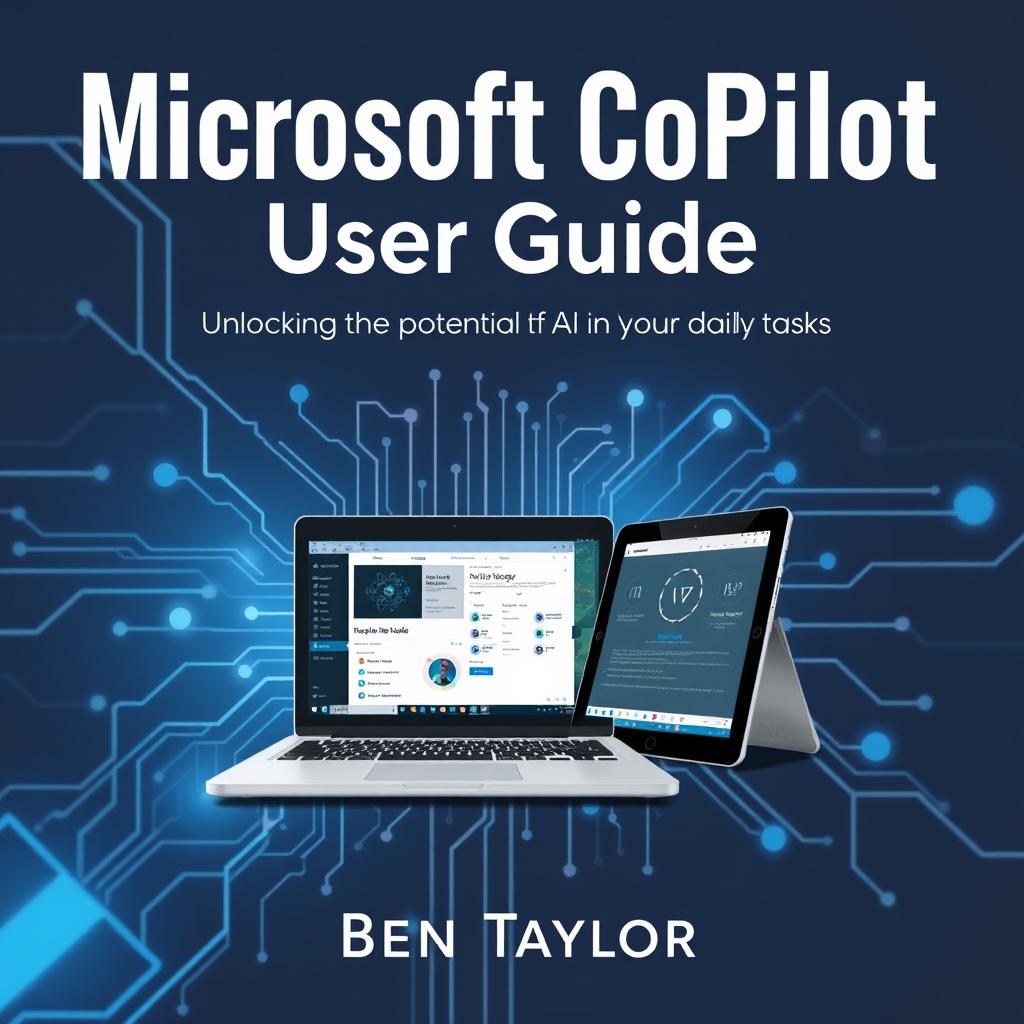 An engaging and professional cover design for 'Microsoft CoPilot User Guide by Ben Taylor' with the subtitle 'Unlocking the Potential of AI in Your Daily Tasks'