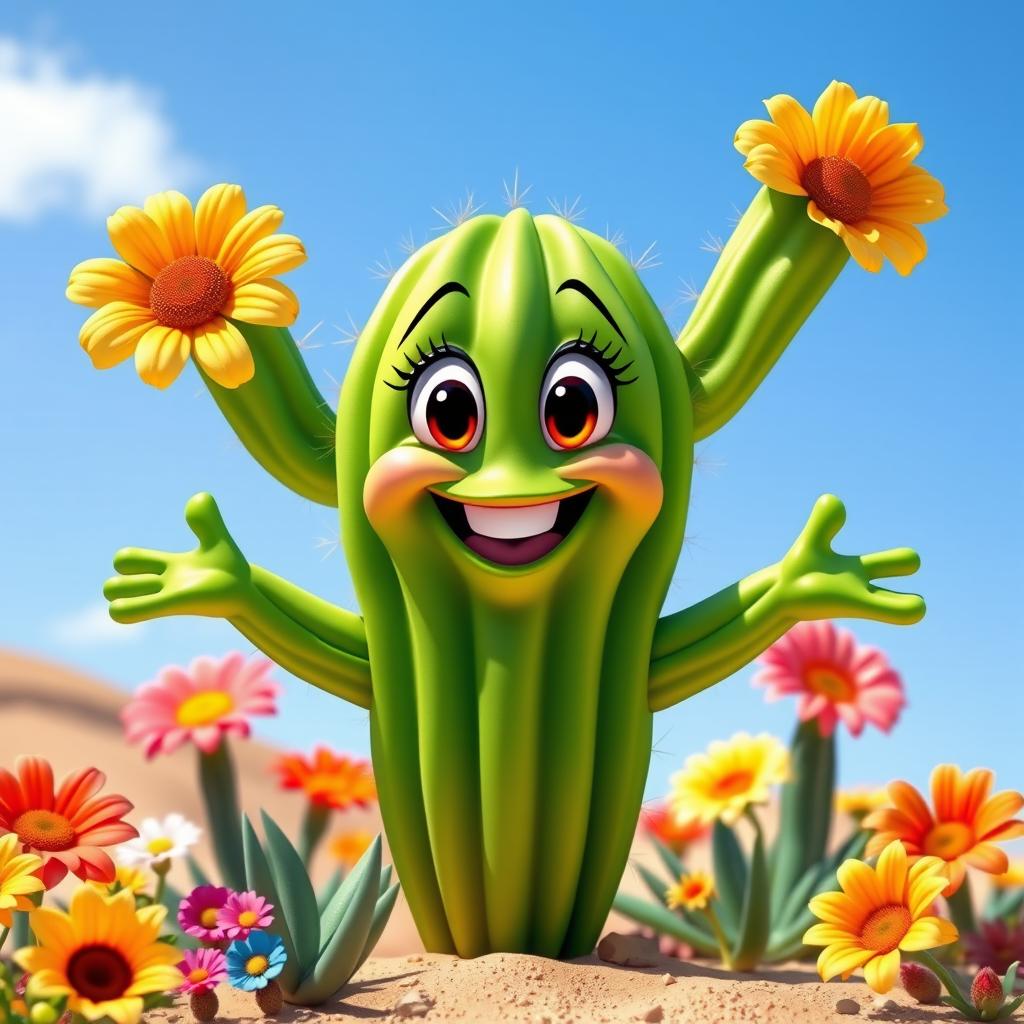 A female cactus character in a vibrant and joyful Disney style, standing upright with a big, friendly smile