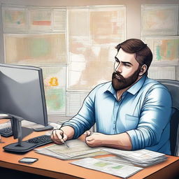 A man deeply engrossed in his thoughts about implementing Bitcoin in Argentina. He is sitting in a modern office, with maps, graphs, Argentinian currency, and Bitcoins spread across his desk.