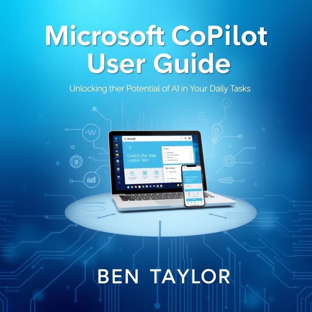 A captivating cover design for 'Microsoft CoPilot User Guide by Ben Taylor' with the subtitle 'Unlocking the Potential of AI in Your Daily Tasks'