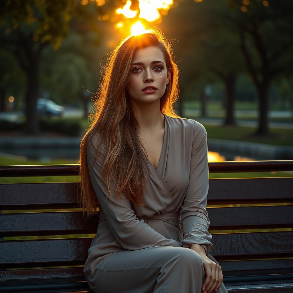 A poignant scene depicting a trans woman with long flowing hair, wearing a soft, stylish outfit, sitting alone on a park bench under a golden sunset
