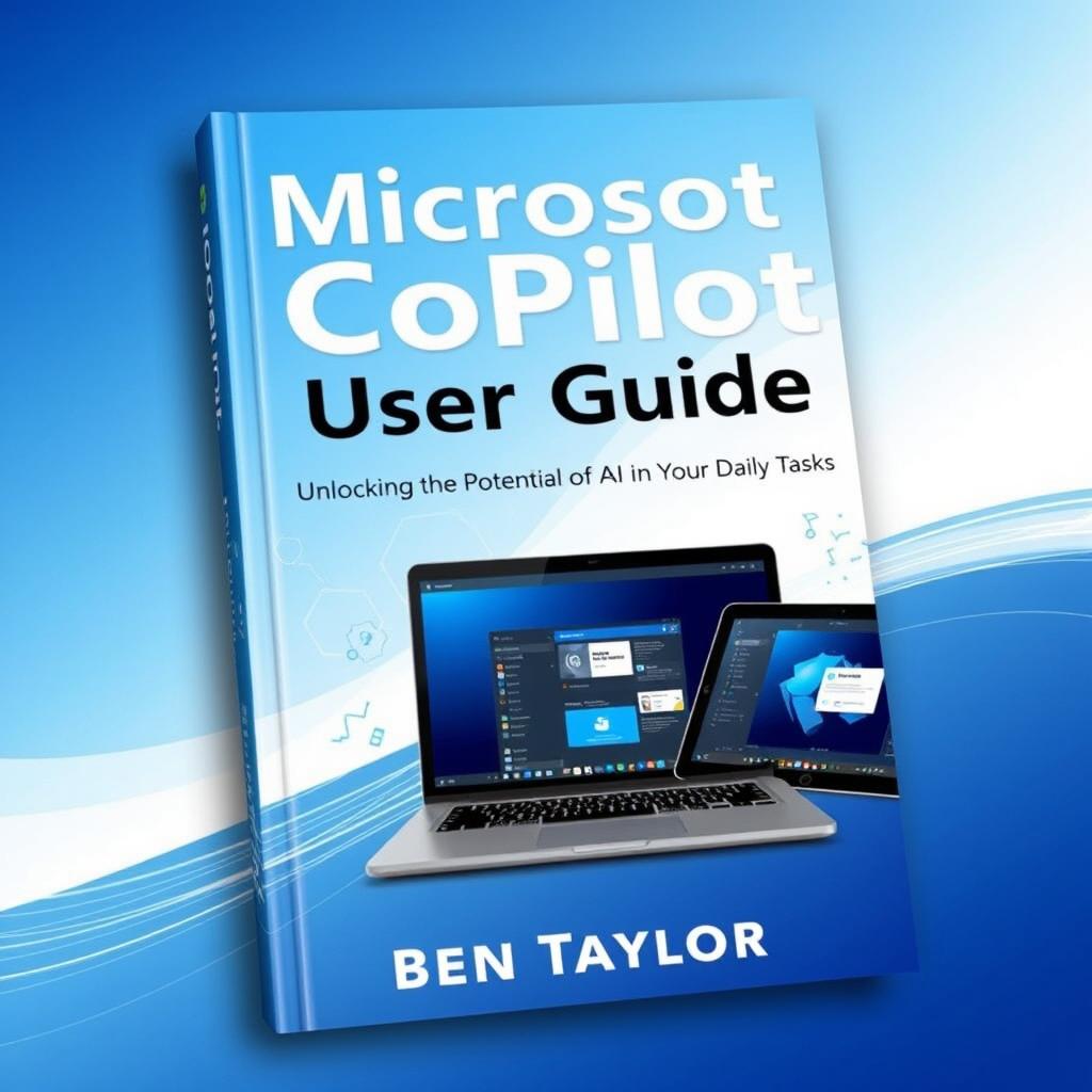 An engaging and modern cover design for 'Microsoft CoPilot User Guide by Ben Taylor', featuring the subtitle 'Unlocking the Potential of AI in Your Daily Tasks'
