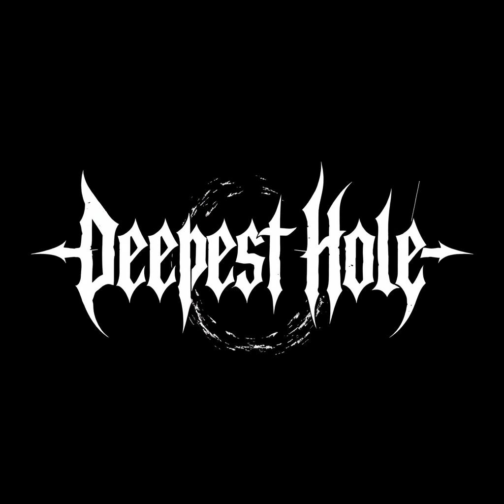 A striking white text design showcasing the phrase "Deepest Hole" styled in the iconic typography reminiscent of the heavy metal band Possessed, with sharp edges and dramatic flair, against a solid black background