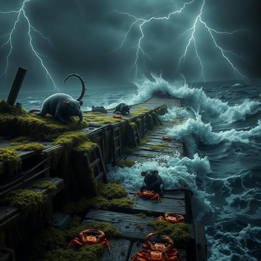 A photo-realistic depiction of an old, rotting boat dock, covered in moss and seaweed