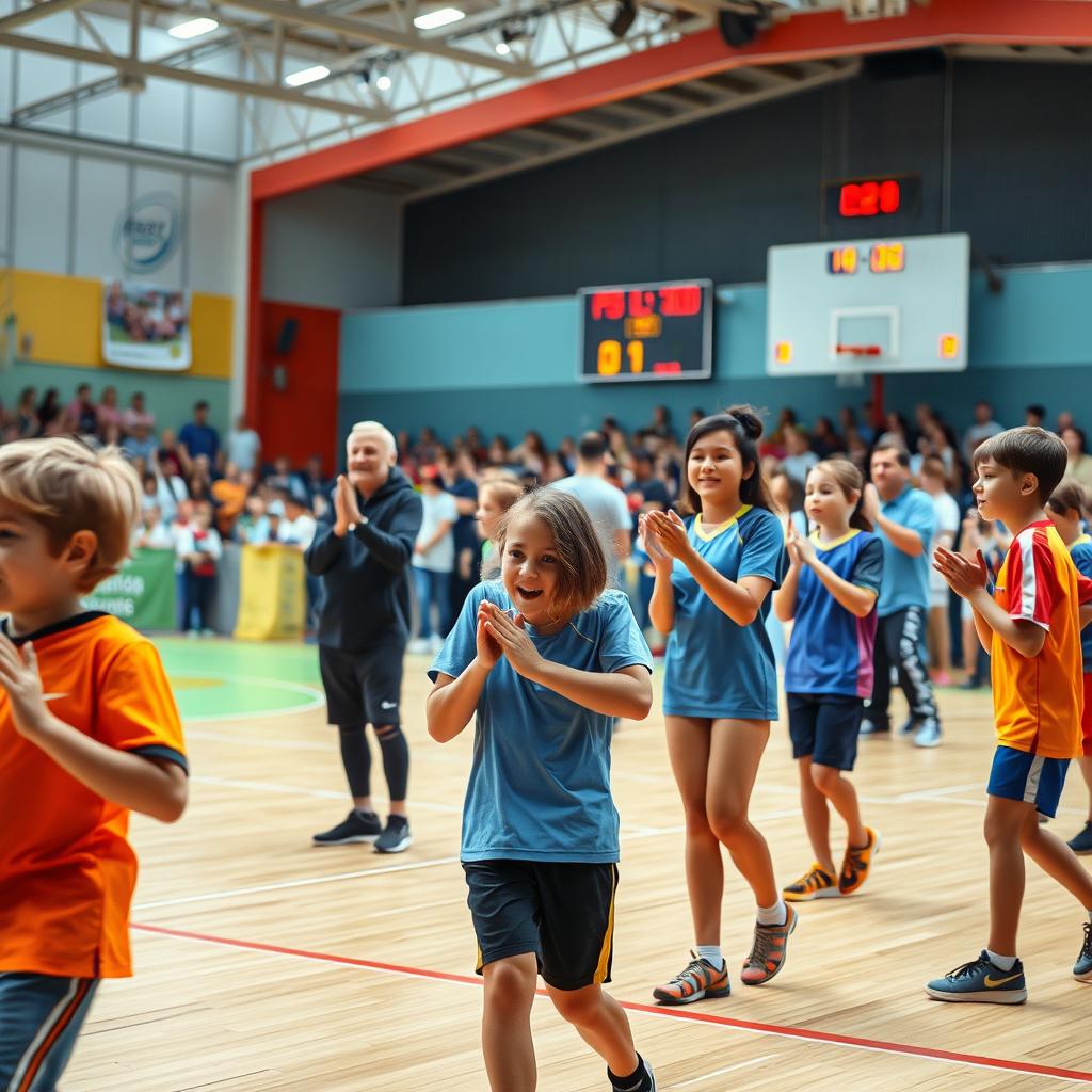 A photo-realistic image of proud parents cheering and applauding for their children playing futsal on the sports court in a vibrant futsal hall
