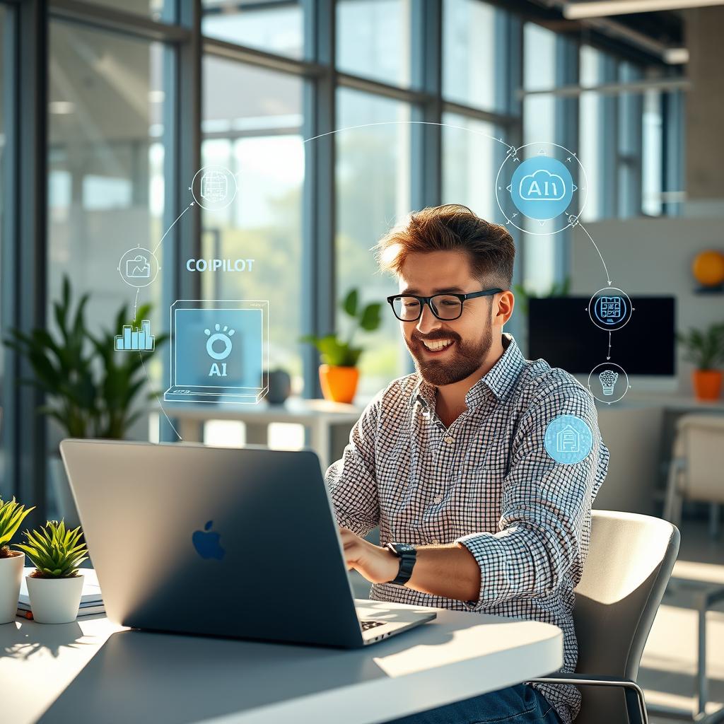 A person sitting in a modern office environment, engaged in using Microsoft Copilot on their laptop, their expression illustrating focus and excitement