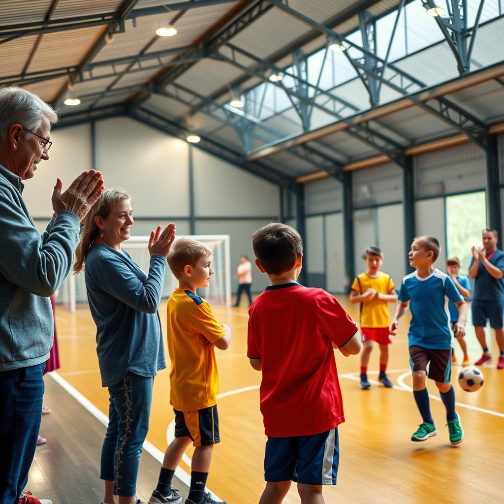A photo-realistic image capturing parents clapping and cheering for their children playing futsal on a sports court inside a futsal pavilion