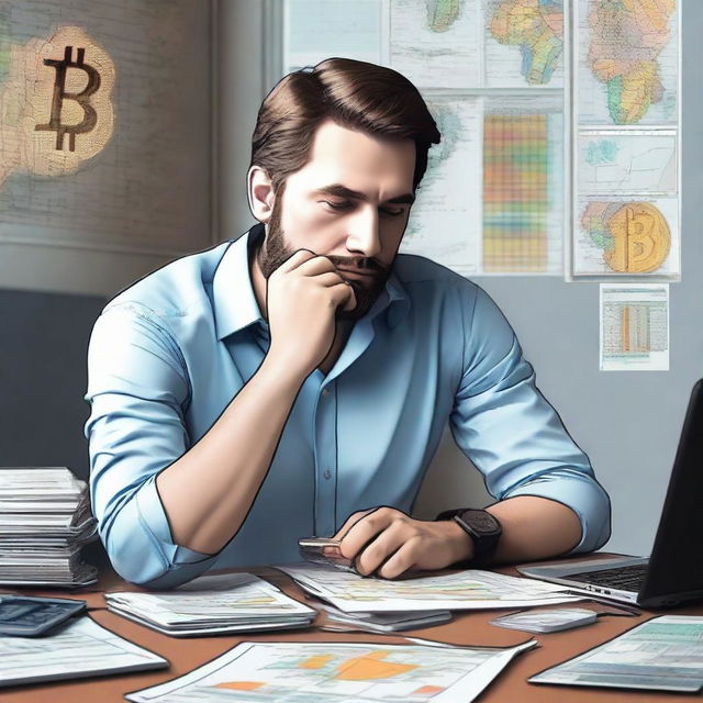 A man deeply engrossed in his thoughts about implementing Bitcoin in Argentina. He is sitting in a modern office, with maps, graphs, Argentinian currency, and Bitcoins spread across his desk.