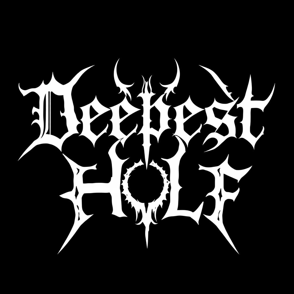 A logo design for a black metal band featuring the band name "Deepest Hole" in an intricate, stylized white font