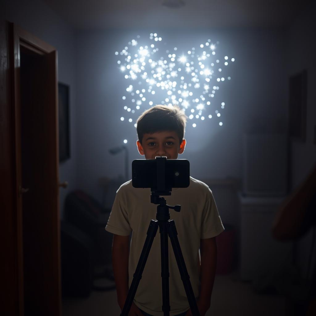 A young person standing in front of a smartphone mounted on a tripod in a dimly lit, modest room