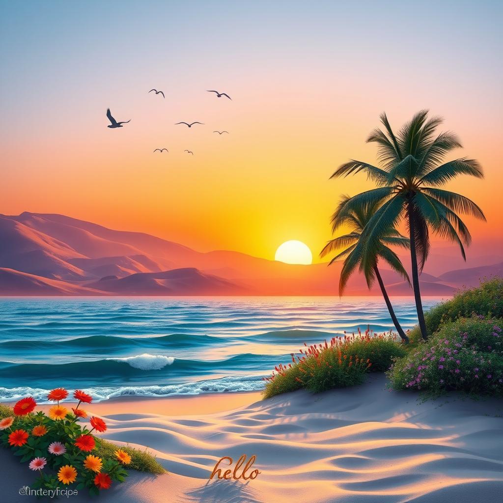 Hello in a serene and peaceful setting, with a beautiful landscape featuring rolling hills and a vibrant sunset