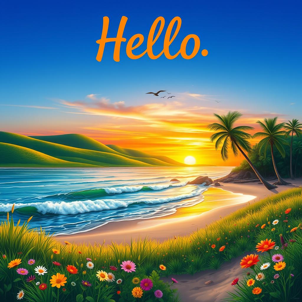 Hello in a peaceful outdoor setting, featuring a picturesque landscape with green rolling hills and a vibrant sunset