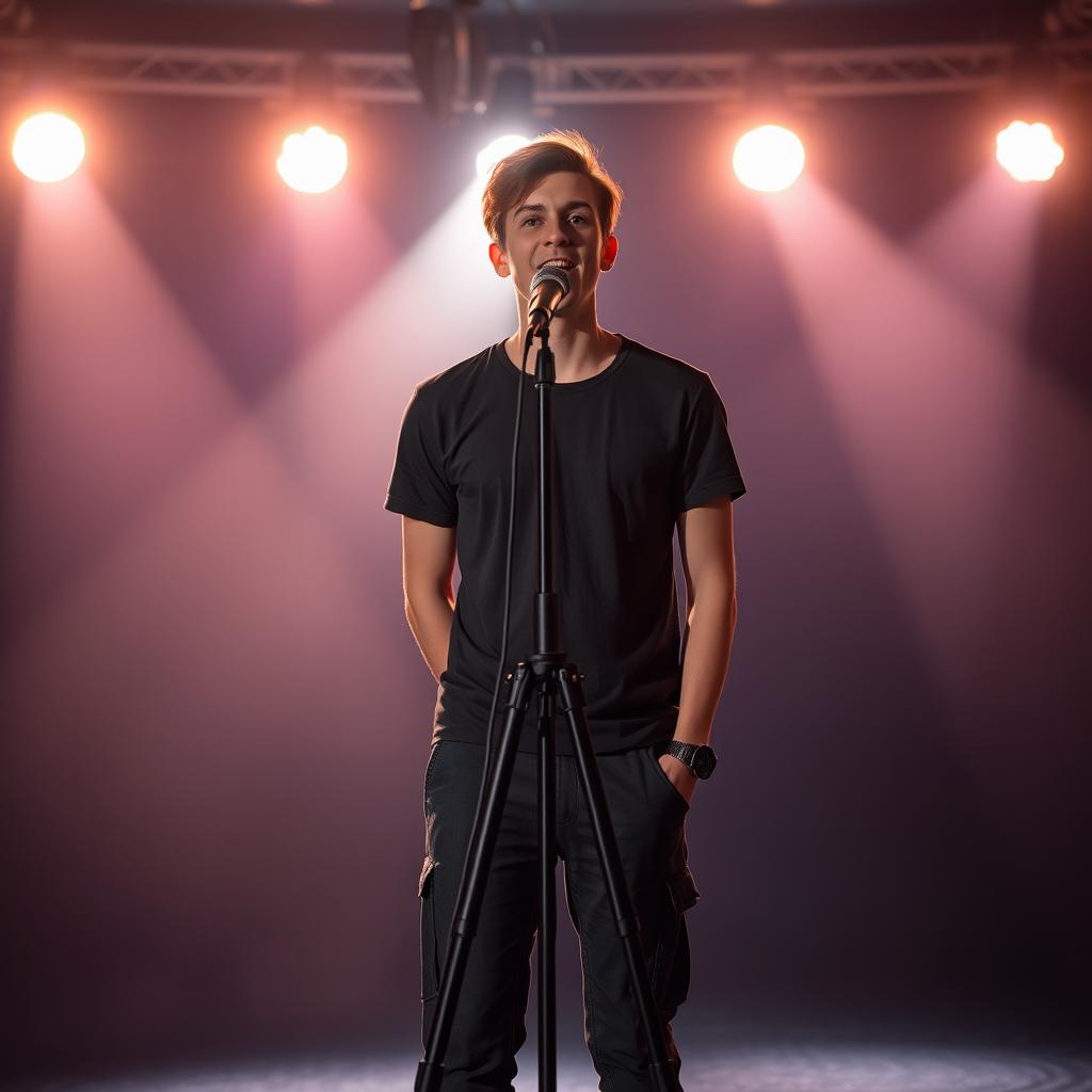 A young man standing alone in front of a tripod, with a dramatic lighting setup that simulates a stage environment