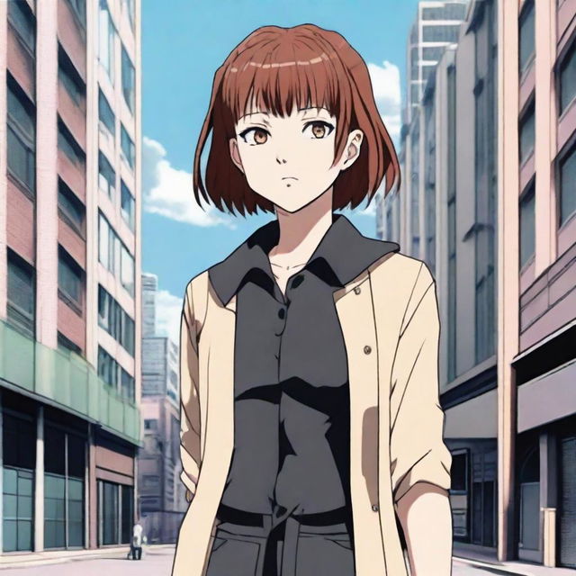 Anime-styled The Jujutsu Kaisen inspired girl with medium-length straight brown hair, grey eyes, pale skin, and rosy lips, standing confidently in front of a city building.