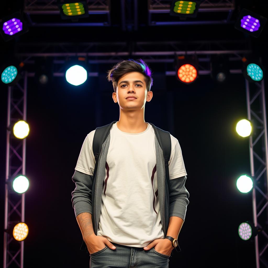 A young man standing alone in front of a tripod, illuminated by lights that create a stage-like atmosphere