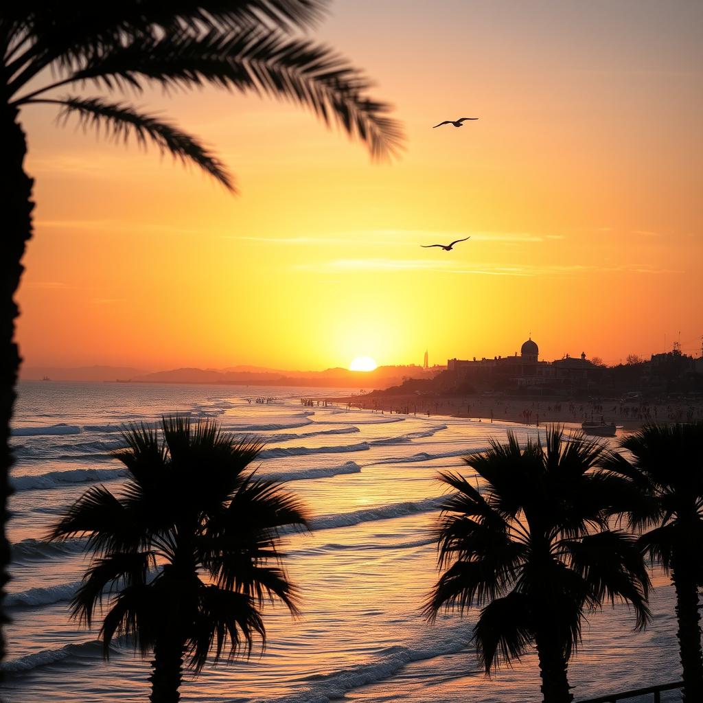 A serene landscape of Gaza showcasing its beautiful Mediterranean coastline at sunset, with soft waves gently lapping at the shore