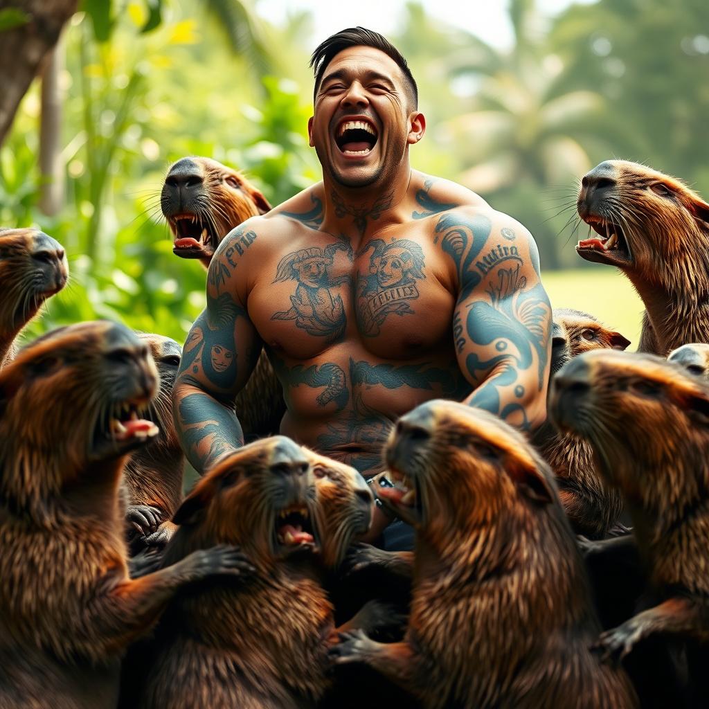 A humorous and surreal scene depicting a muscular man covered in tattoos, laughing maniacally as he is playfully surrounded by a group of capybaras