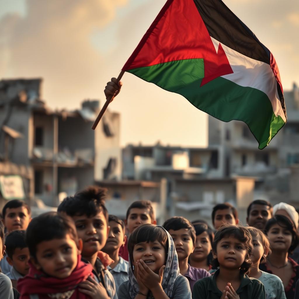 A poignant scene depicting the resilience of the Palestinian people amidst adversity, featuring a child holding a Palestinian flag high