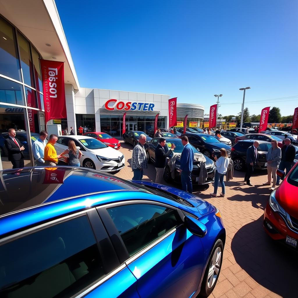 A vibrant car dealership showcasing a variety of cars for sale