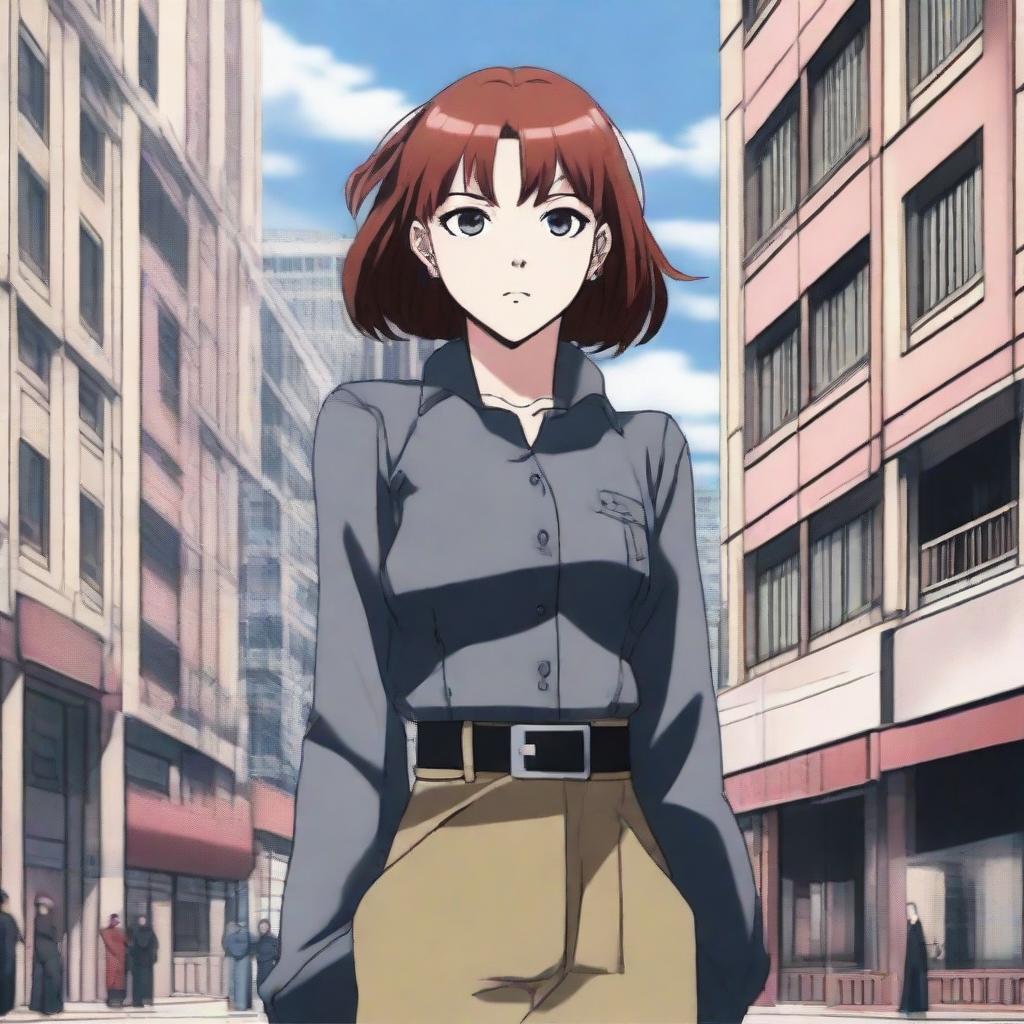 Anime-styled The Jujutsu Kaisen inspired girl with medium-length straight brown hair, grey eyes, pale skin, and rosy lips, standing confidently in front of a city building.