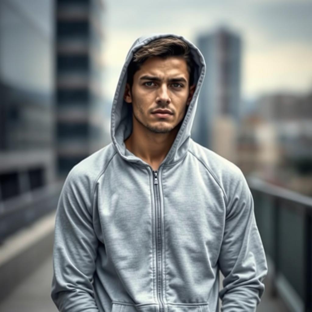 A tall, slim young man wearing a light gray tracksuit with the hood up
