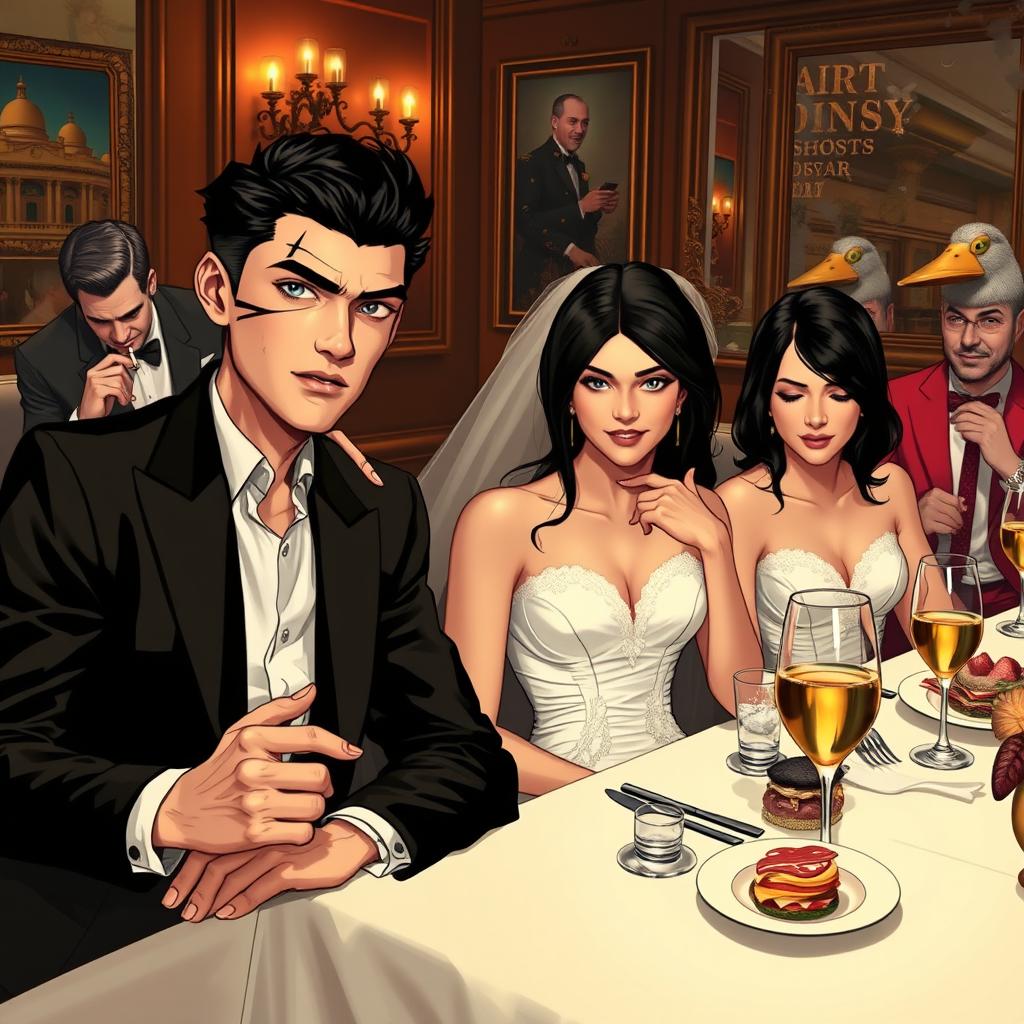 A captivating dining scene set in an upscale environment, featuring a young man in a sleek black blazer with a short black haircut, holding a cigarette and displaying a distinctive scar over his eye
