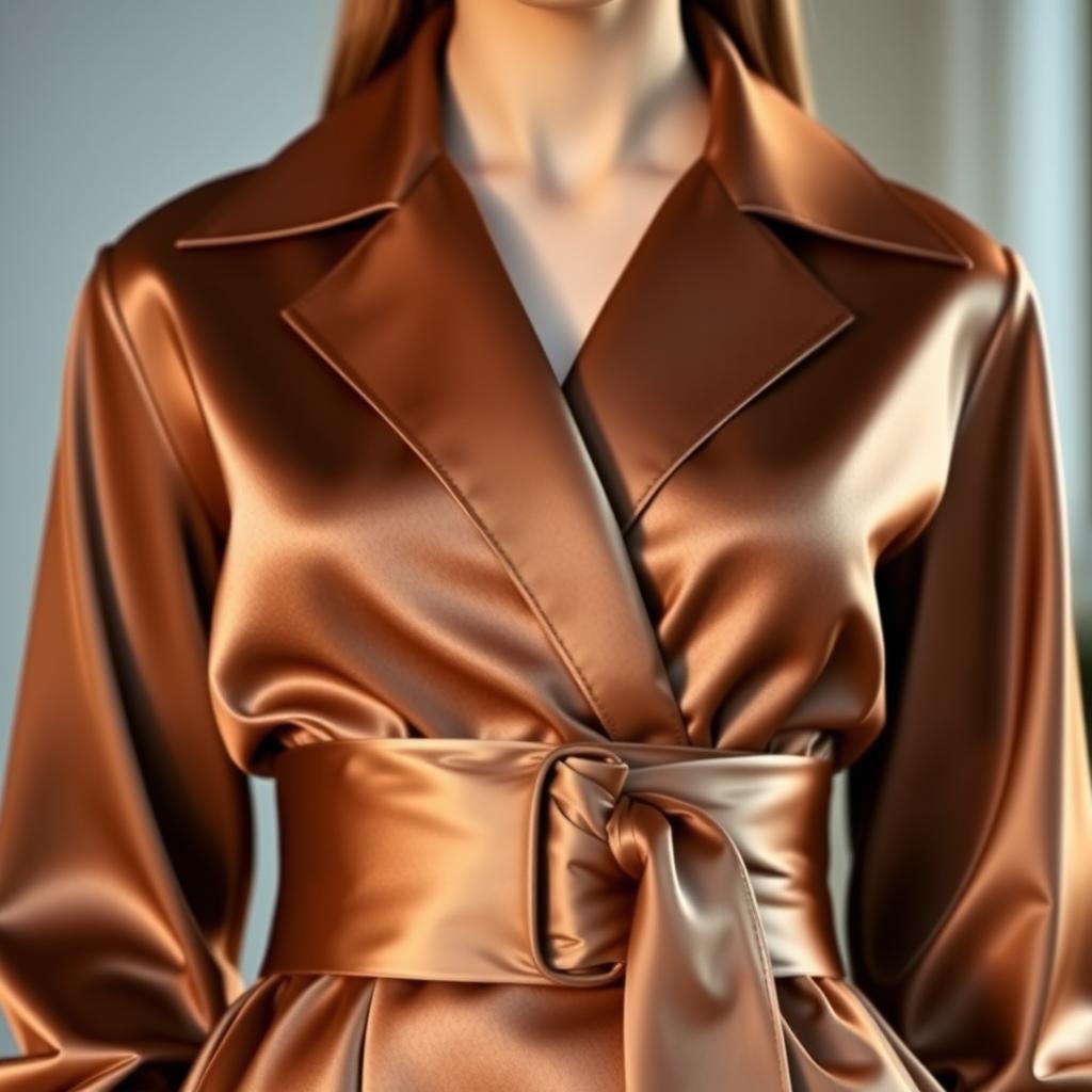 A fashionable outfit featuring a wide satin belt around the waist, sophisticated in design
