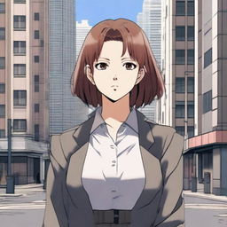 Anime-styled The Jujutsu Kaisen inspired girl with medium-length straight brown hair, grey eyes, pale skin, and rosy lips, standing confidently in front of a city building.